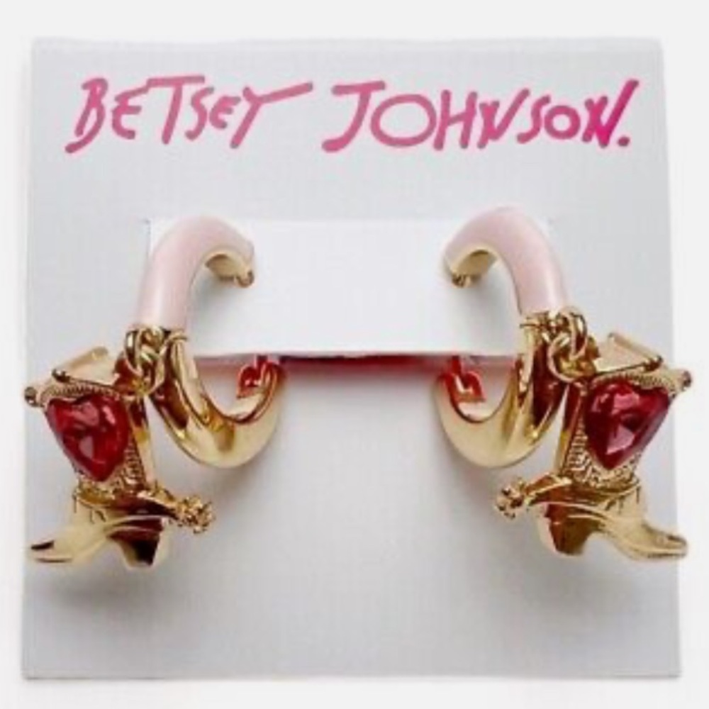 RARE Betsey Johnson Western Cowboy Boots Pink Rhinestone Hoop Earrings NWT